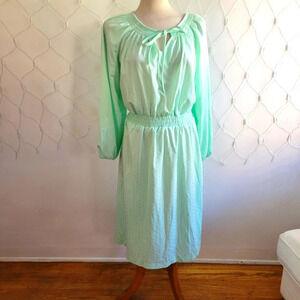 Vintage 80s Shirred Waist Dress / Mint Green / Fits Small